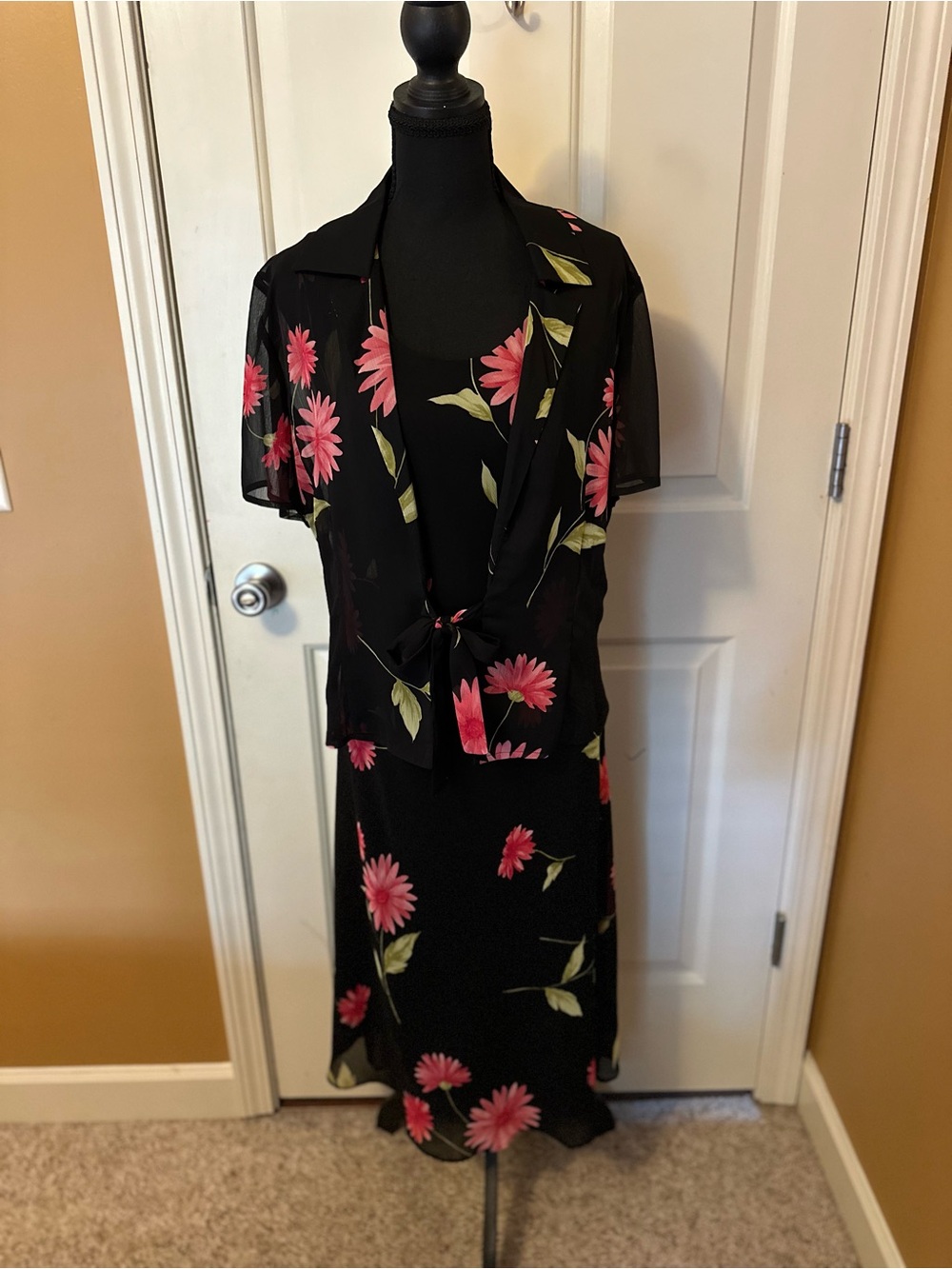 Studio One Black Midi Dress with Pink Floral Print